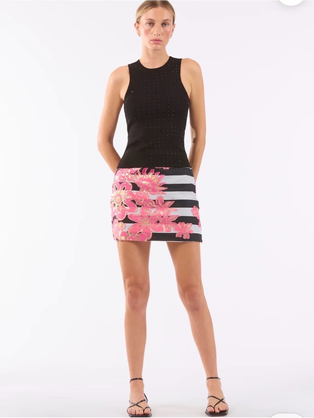 Le Superb Black/White Miniskirt with Floral Design
